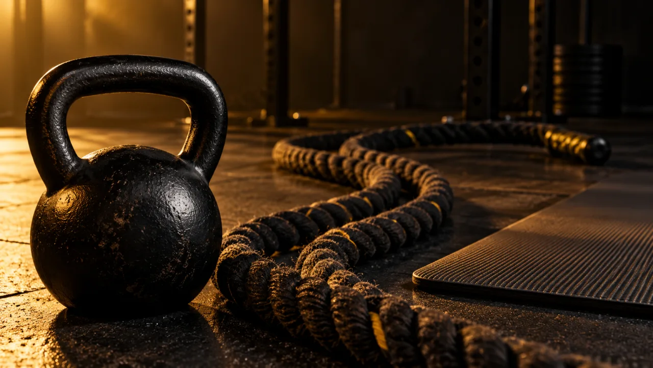 Ilustração fotográfica de kettlebell e cordas em ambiente de treino