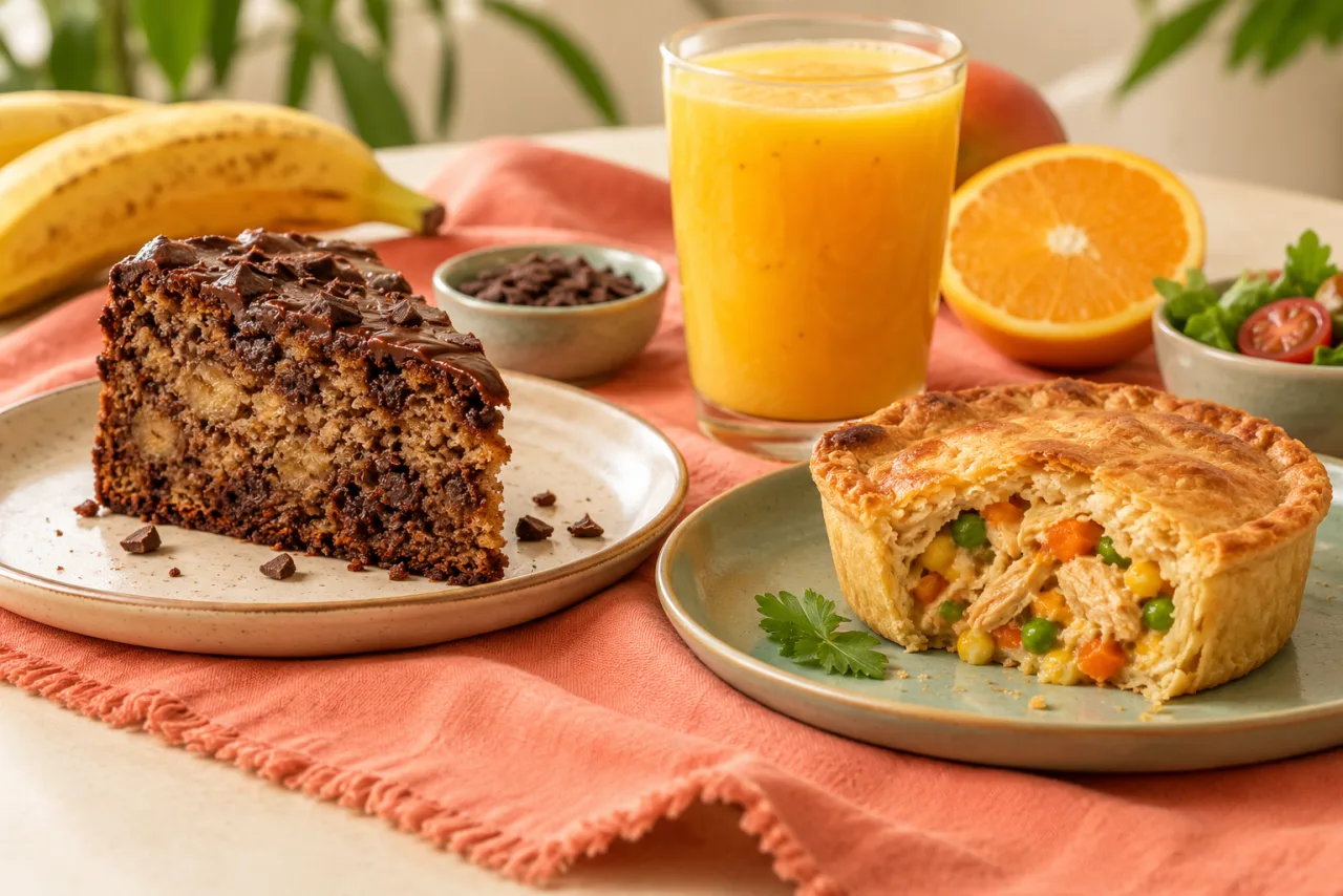 Imagem ilustrativa de bolo de banana, torta e suco com frutas