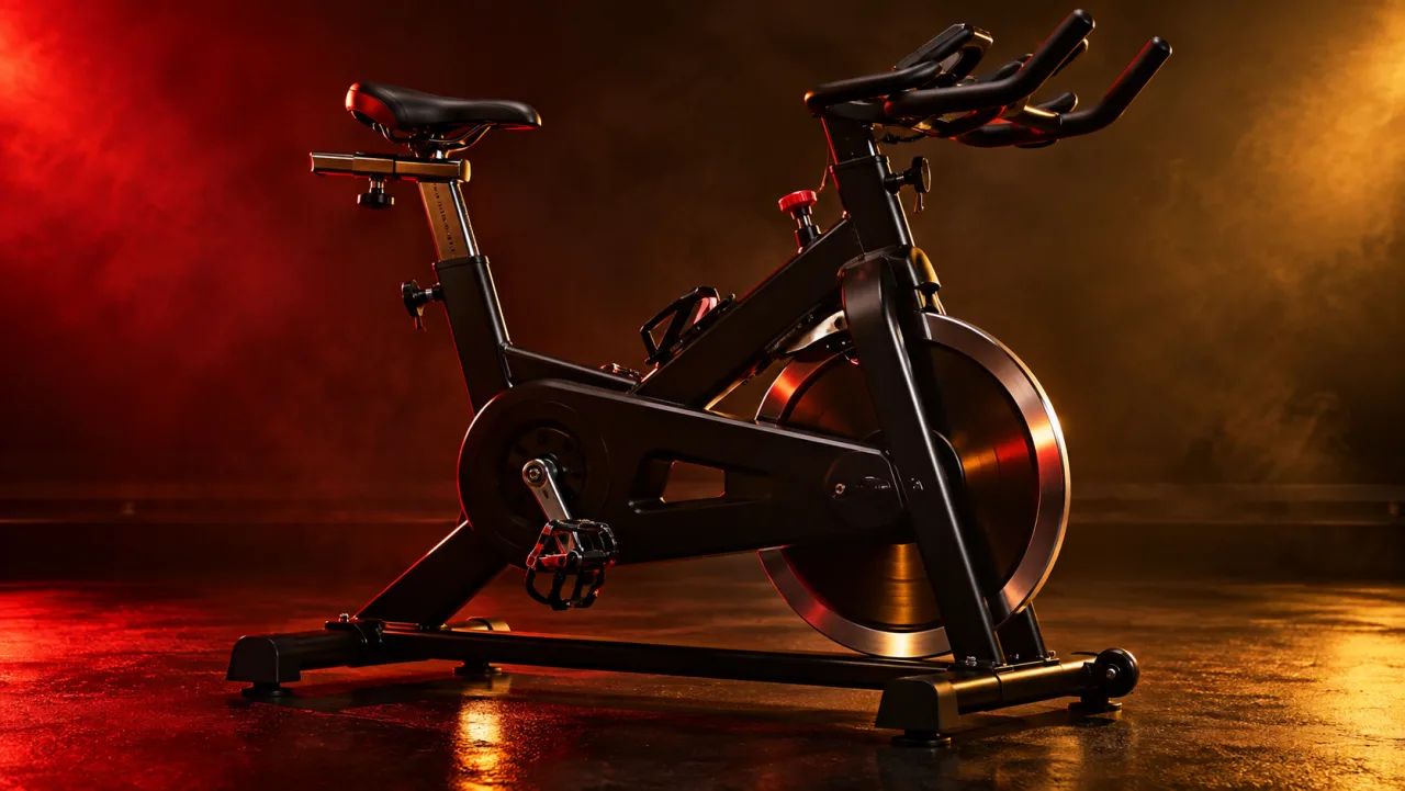 Ilustração fotográfica de uma bicicleta de spinning em estúdio escuro